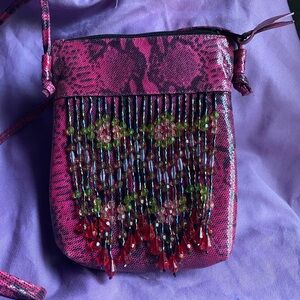 Vintage Cache Pink Snakeskin-style Pattern Purse With Bead Fringe